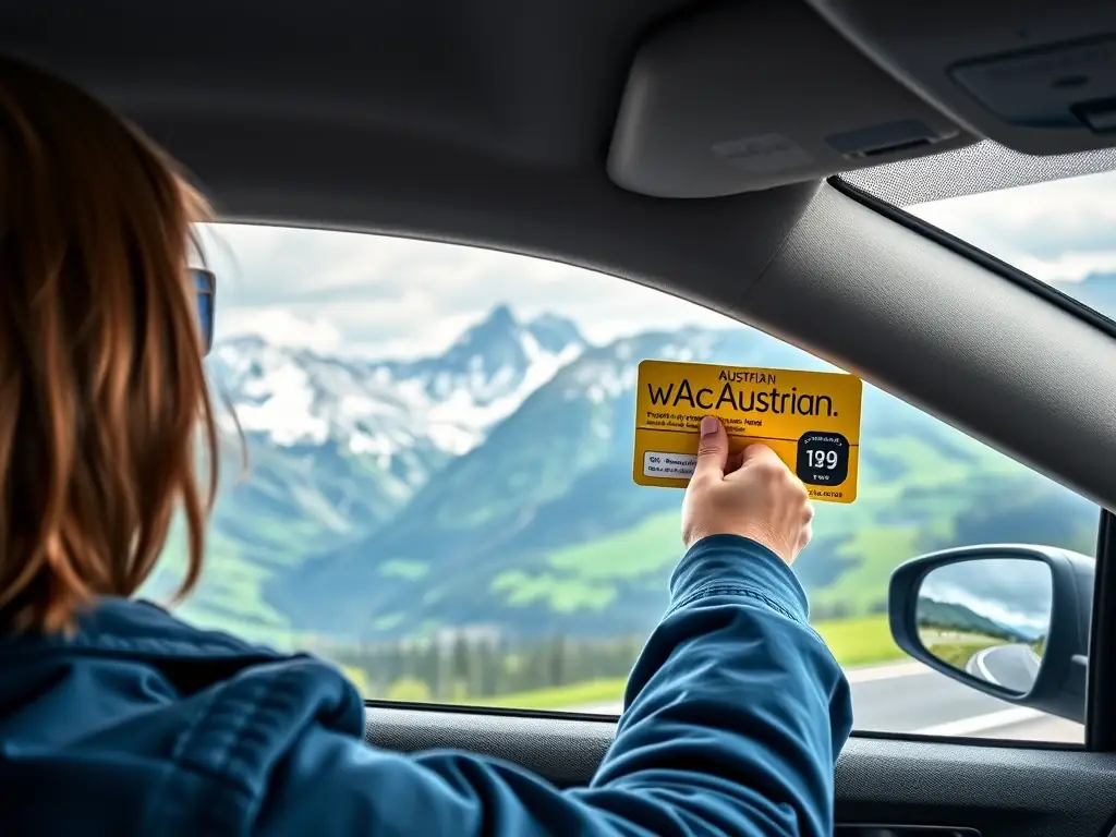A photo of a person attaching a physical vignette to their car windshield, with the Austrian Alps visible in the background.