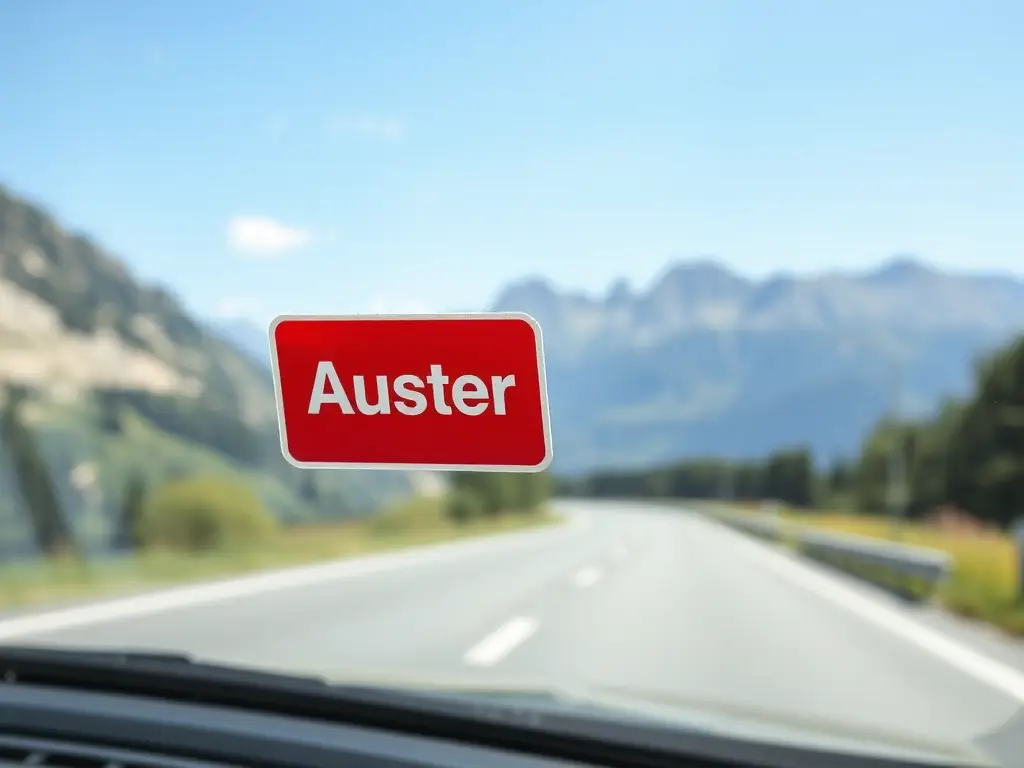 A close-up shot of an Austrian vignette sticker on a car windshield, with a blurred background of a scenic Austrian road.